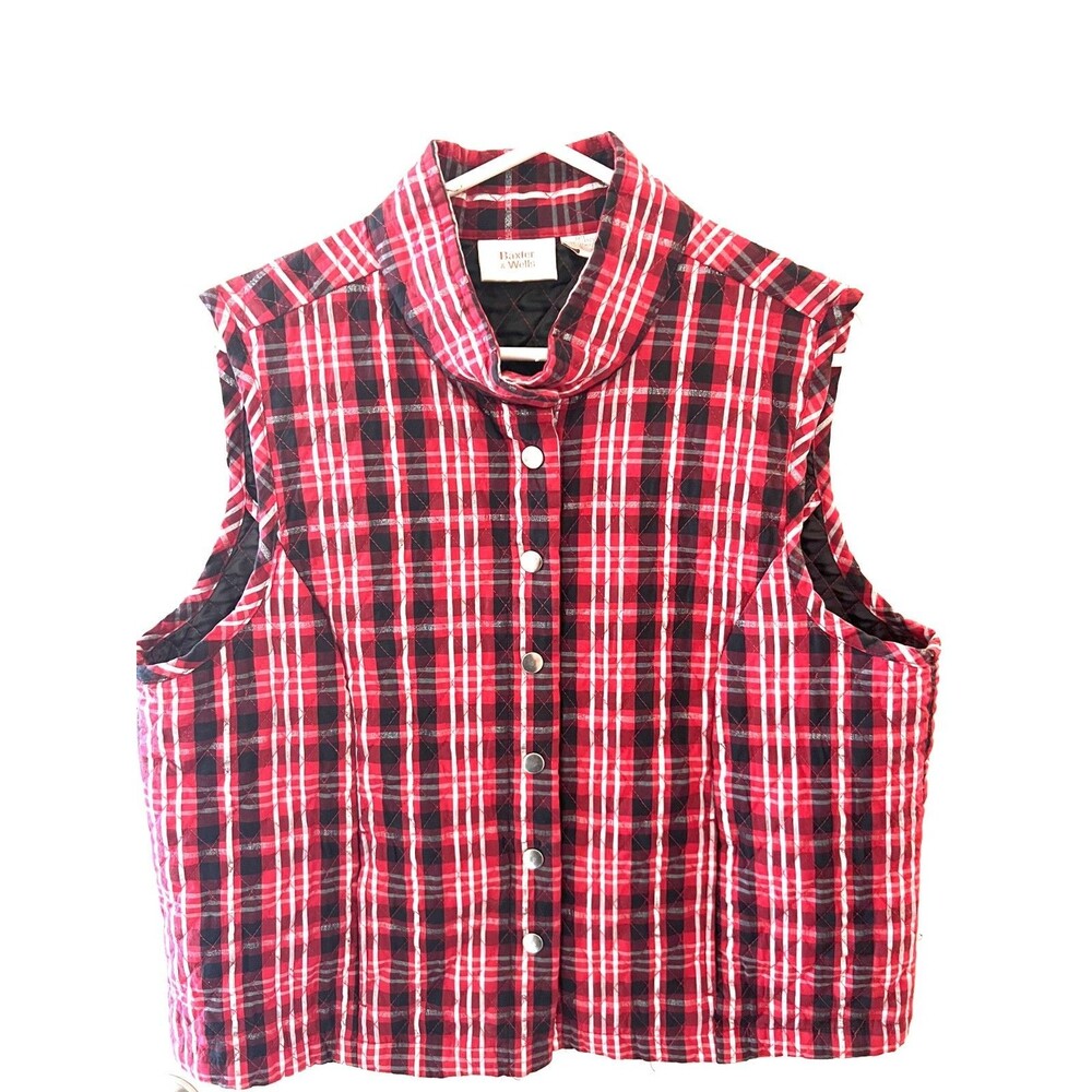 Baxter &Wells Red&Black Silver Plaid Quilted Vest SzrL Front Snap Pockets Outdoo